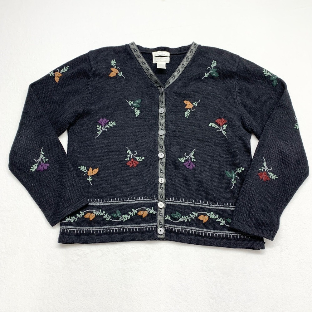 Christopher & Banks Hand Embroidered Cardigan Womens Size M Black Floral Cotton